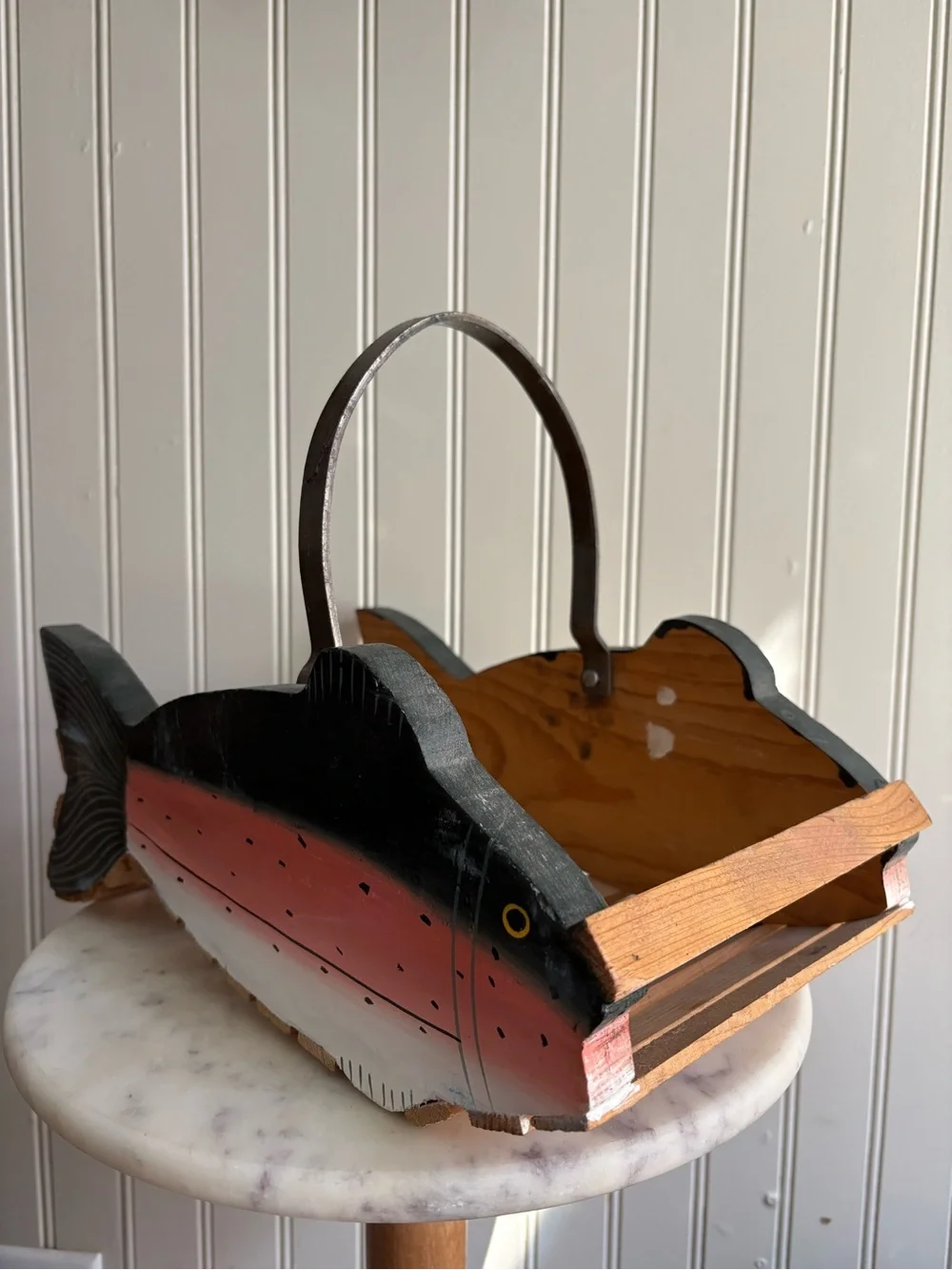 Vintage Handmade Trout Fish Wooden Basket Green & Brown VTG Cabincore Grandpa
